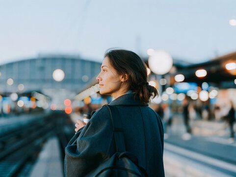 Young business Woman Standing at Train Station Platform in Blue Coat at Dusk