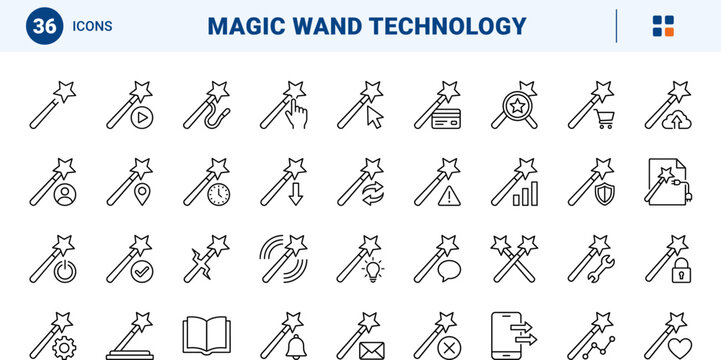 Magic Wand Web Icon Set in Linear Style. Collection of Wizard Staff line icons, including check mark, settings, security, repair, download, broken wand, video call, wireless and more.