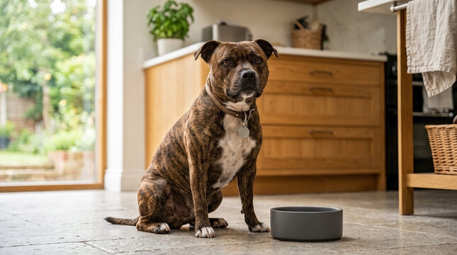 Brindle Bull Terrier dog waits for food in modern kitchen. Calm Bull Terrier dog sits by ceramic bowl, anticipating meal. Bull Terrier dog for food ads, animal care, dog lifestyle.