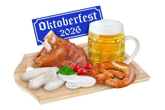 M&uuml;nchner Oktoberfest 2026  Bier, Wei&szlig;wurst, Haxn, Radi und Bretzel  Hintergrund weiss