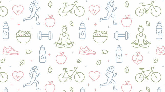 Seamless pattern with healthy lifestyle and fitness line icons on white