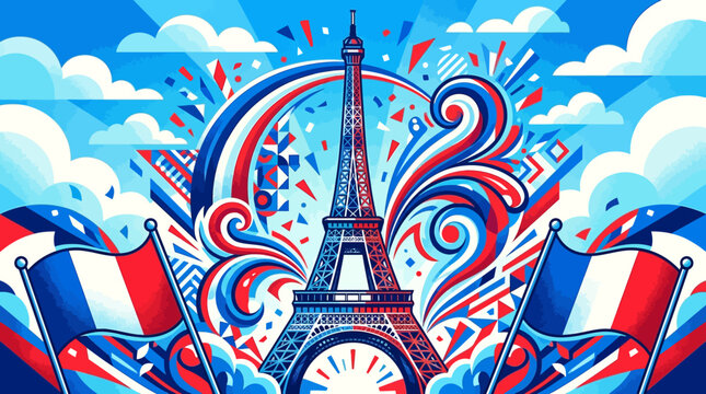 Patriotic Eiffel Tower Vector Illustration with French Flag Colors and Dynamic Paris Skyline Design