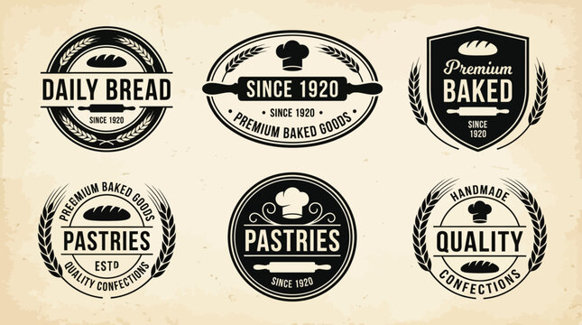 Set of vintage bakery and pastry shop logo templates with wheat and rolling pin icons.