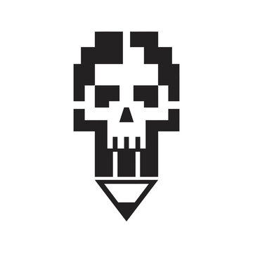 Pixel art skull merged with a pencil tip icon.