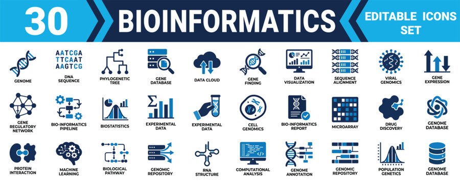 Set of thirty bioinformatics icons for biological data analysis and genomic research study concepts Minimal solid fill icon set bundle collection. Editable Vector Illustration Mega pack