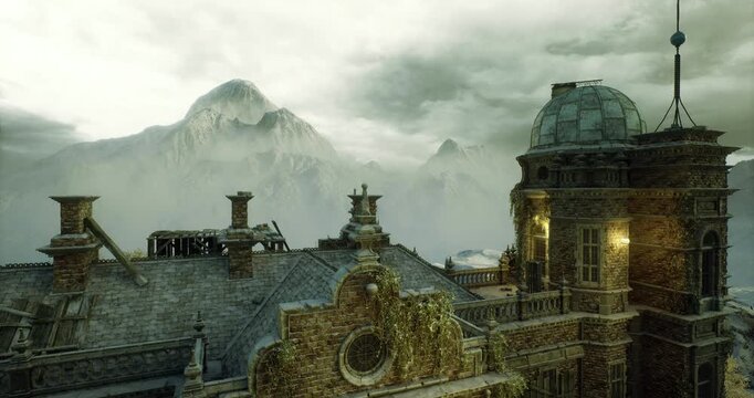 Gothic manor rooftop framed by mountains and low clouds, ornate spires and turrets rising above steep eaves, moody twilight palette highlighting weathered stone