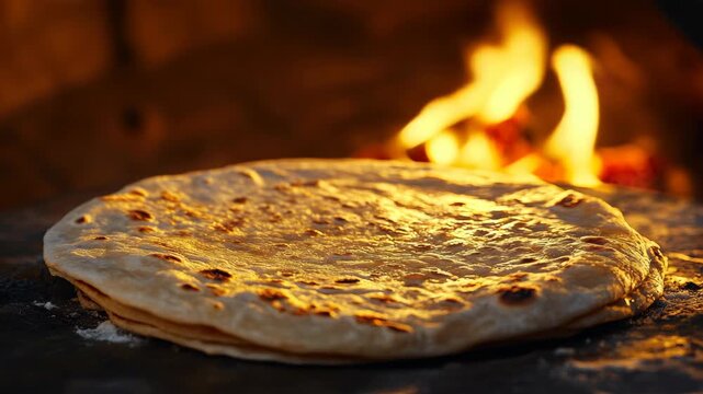 Close-up of golden brown naan cooking over flames