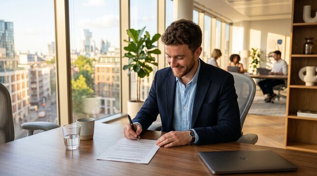 Businessman signing a contract in office. Professional male executive reviewing legal documents.