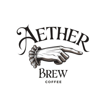 Vintage pointing hand logo illustration with typography for coffee shop