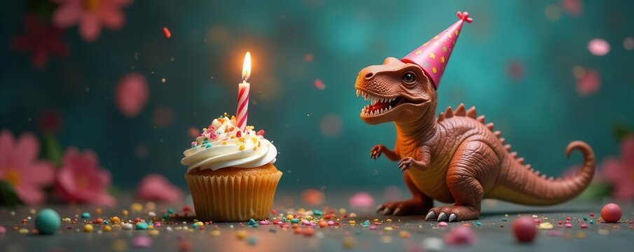 Party dinosaur with festive cupcake and candle , celebration, sweet, background