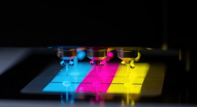 Vibrant quantumdot inks ejected via precision nozzle arrays during inkjet printing highlighting color intensity and pixel sharpness.