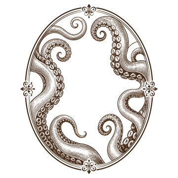 Vintage octopus tentacle frame illustration with oval ornate border