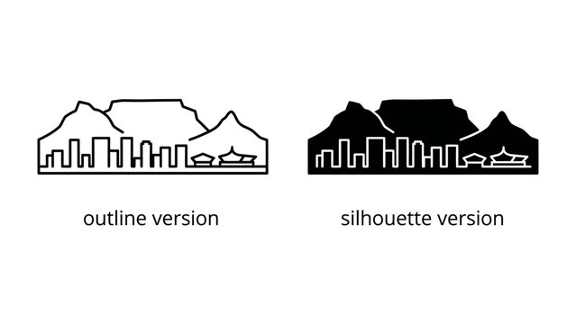 Table Mountain Landmark: A stylized outline and silhouette illustration of Table Mountain, a flat-topped mountain forming a prominent landmark of Cape Town.