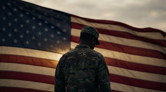 A silhouette of a soldier standing in front of a large american flag to honor those serving on veterans day holiday