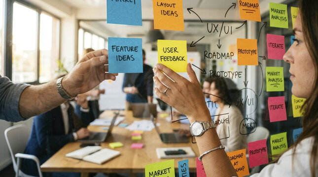 Diverse business team brainstorming ideas on a glass wall with colorful sticky notes, visualizing project strategy and agile development.