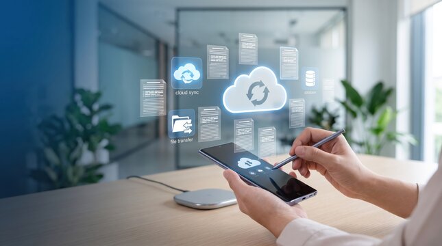 Person using tablet to manage cloud sync and file transfer, digital database storage icons floating above screen, remote work collaboration and data backup technology in modern
