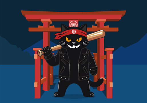 Vector cartoon black bandit puss with baseball bat and red headband. Japanese character means cat. Historic red gate of Japan. Jacket. Feline fangs and smile. Street. Toon animal