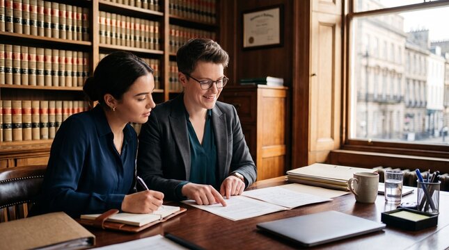Lawyers working in a law library. Legal professionals reviewing documents in an office.