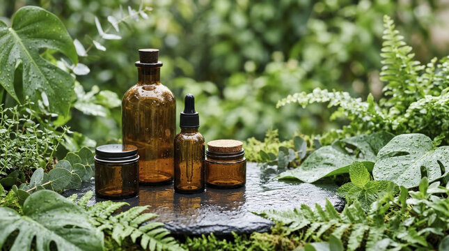 Natural Skincare and Essential Oil Bottles Amidst Lush Green Foliage and Raindrops.