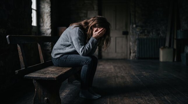 Sad woman crying on bench, covering face with hands in dark room, feeling depressed and lonely, mental health crisis concept, emotional breakdown, despair and sorrow