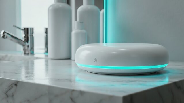 Modern smart electronic device with cyan LED ring on marble bathroom counter
