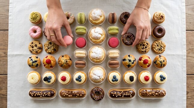 Overhead view of hands arranging assorted colorful gourmet donuts and pastries.