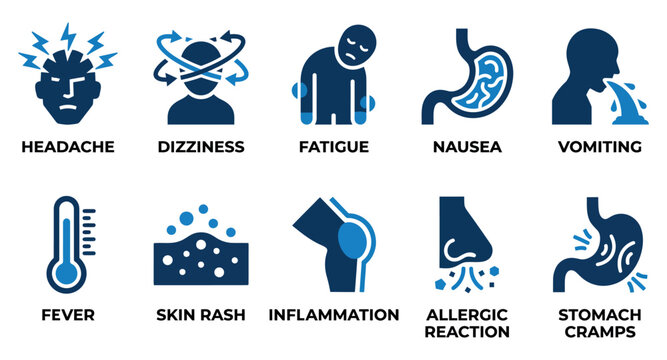 Set of ten medical icons showing common human illness symptoms like headache fatigue fever and stomach pain Minimal solid fill icon set bundle collection. Editable Vector Illustration Mega pack
