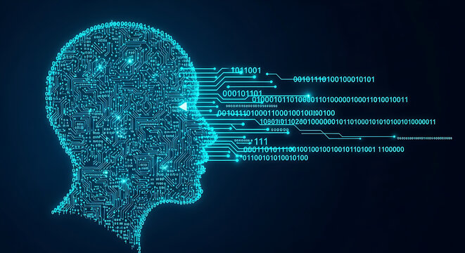 Abstract representation of a human head formed by glowing blue digital circuits and binary code, symbolizing artificial intelligence and data processing.