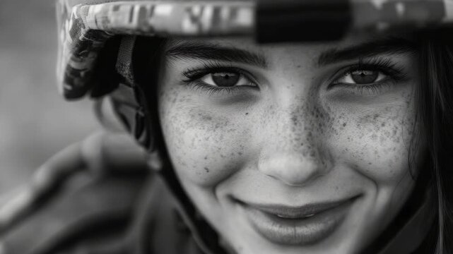 Portrait of a smiling woman with freckles wearing a helmet, close-up .