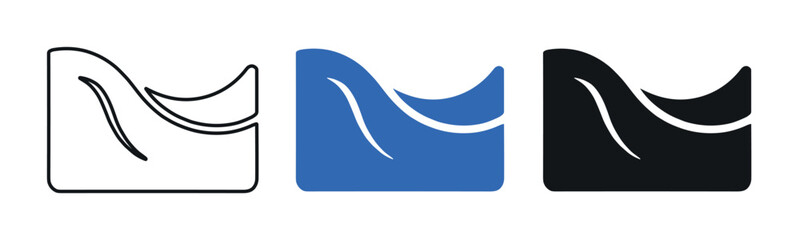 Obraz premium Three distinct wave or water icons are presented in a row on a clean white background, showcasing outline, solid blue, and solid black variations