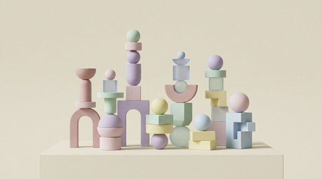 Soft Pastel Geometric Shapes Arrangement on Beige Background, Minimalist Abstract Balance Composition.