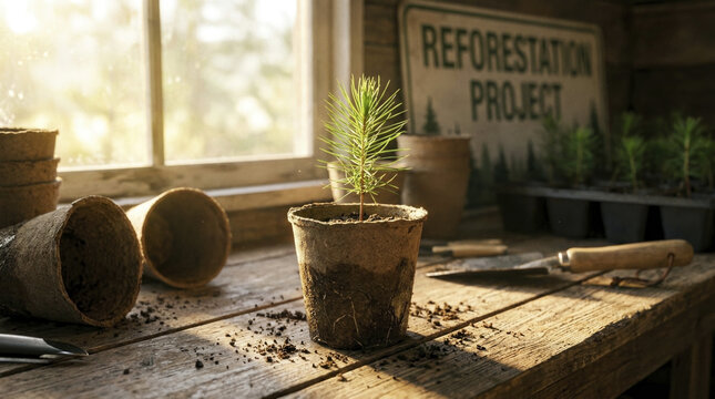 Small pine seedling growing in a biodegradable pot on a rustic wooden bench, symbolizing hope and sustainability for a reforestation project.