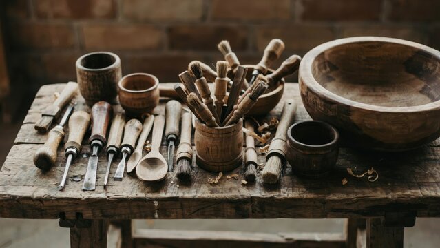 Rustic woodworking tools and handcrafted wooden bowls on a vintage timber table, ready for traditional craftwork.