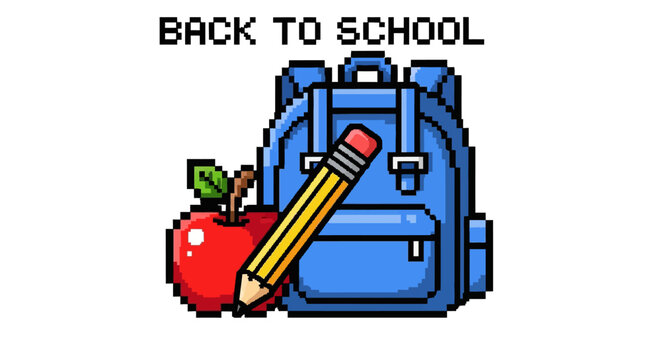 Blue backpack with apple and pencil.