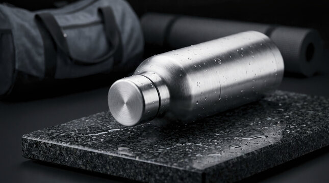 Sleek stainless steel water bottle with condensation on dark granite, symbolizing hydration and active healthy lifestyle.