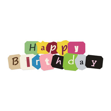 Colorful happy birthday cutout letters arranged in a playful collage style for party decorations isolated on transparent background