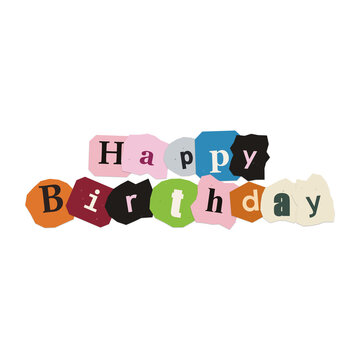 Colorful happy birthday cutout letters created from magazine clippings arranged in a festive style isolated on transparent background
