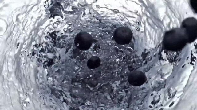 Blueberries spinning in whirlpool water vortex