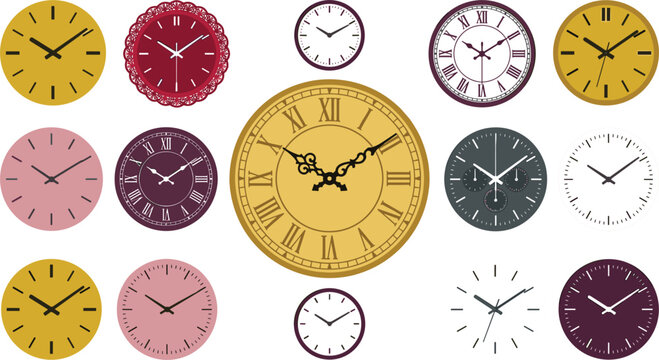 Wall clock vector set featuring classic vintage modern minimalist round faces roman numerals and antique time pieces collection