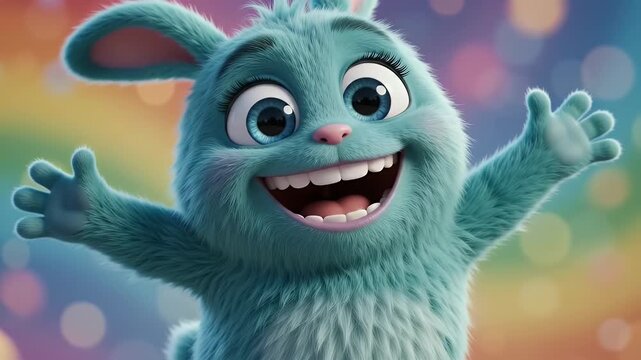 Close-up of a happy, furry blue cartoon monster with big blue eyes and a wide smile, rendered in 3D animation, with a bokeh background.