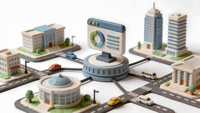 Smart city dashboard visualizing urban data analytics, digital infrastructure, IoT connectivity, traffic monitoring and city management for efficient planning and governance.