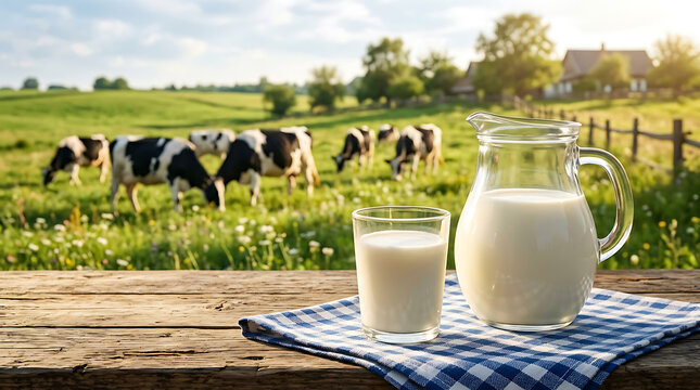 Fresh Cow's Milk in the Countryside: A pitcher and glass of fresh milk sit on a rustic wooden table, with a herd of cows grazing peacefully in a sun-drenched green field under a clear sky.