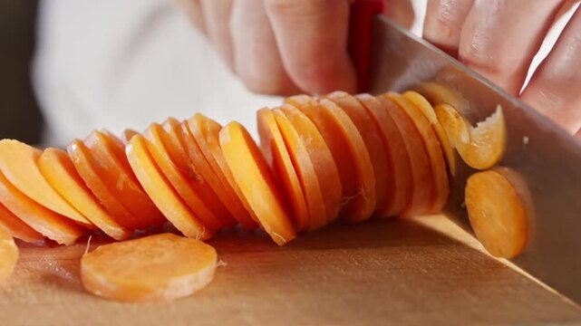 Chef slicing fresh orange carrots carefully on a wooden board