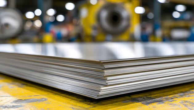Medium shot focusing on stainless steel sheets showcasing durability and suitability for heavy-duty applications in a workshop setting