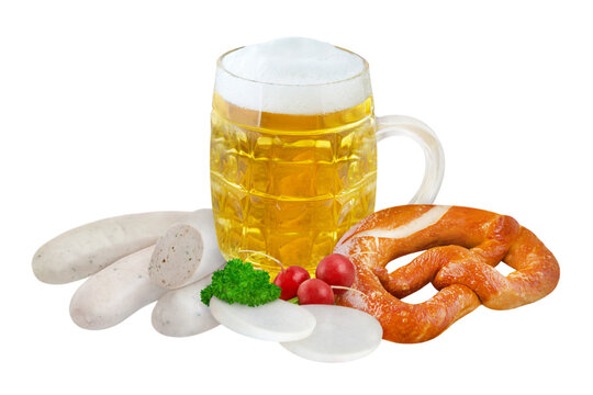 Bier mit Wei&szlig;wurst, Bretzel und Radi   Hintergrund transparent PNG cut out