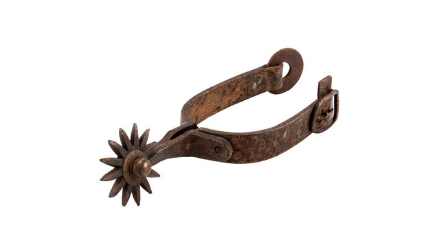 Old rusty iron cowboy boot spur accessory isolated on transparent background