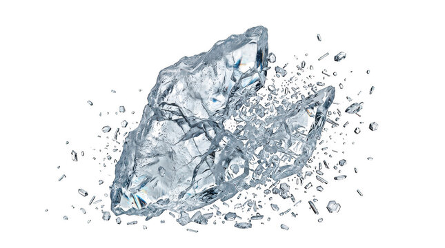 Exploding ice block with shards isolated on transparent background
