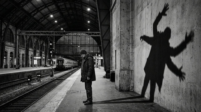 Man's shadow on wall at train station, concept of fear, loneliness, or anxiety