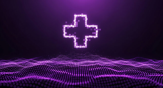 A glowing purple plus sign made of particles hovers above a shimmering, wavy surface.