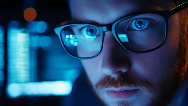 Blue-tinted glasses reflect glowing digital screens. Man with beard stares intensely at computer display. Dark room with soft backlighting creates focused atmosphere